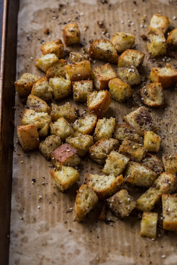 za'atar croutons out of the oven.