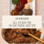 Square ceramic plate with various spices including paprika, herbs, and garlic powder. Below, a bowl with a mixed seasoning blend and a gold spoon. Text reads, Homemade All-Purpose Seasoning Recipe. Website: www.whensaltyandsweetunite.com.