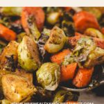 Close-up of golden brown roasted carrots and Brussels sprouts drizzled with honey, their caramelized edges glistening against a warm-colored background. Text at the top reads Roasted Carrots and Brussels Sprouts with Honey.