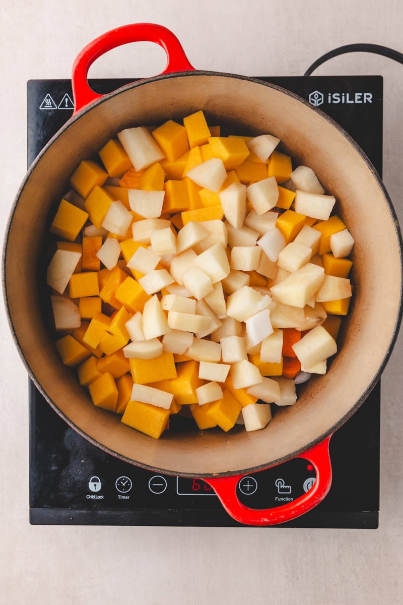 Top view of a pot filled with diced vegetables, including yellow squash, white root veggies, and vibrant hues reminiscent of butternut squash and carrot soup. The pot boasts red handles and sits elegantly on an induction cooktop atop a beige surface.