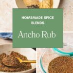 A flyer showcasing a bowl of spices on a beige surface highlights Homemade Spice Blends, Ancho Rub. Images display mixed spices in a spoon and small glass container. Visit whensaltyandsweetunite.com for more flavorful blends featuring our signature ancho rub.