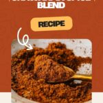 A spoon scooping homemade shawarma spice recipe from a bowl. The image features the text Homemade Shawarma Spice Recipe alongside a website link, whensaltyandsweetunite.com, set against a decorative orange and white background.
