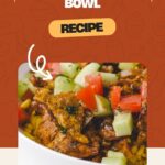 A close-up of a chicken shawarma bowl featuring diced cucumbers and tomatoes. The background is a warm orange with patterned food icons, enhancing the vibrant Chicken Shawarma Bowl vibe. Text reads Chicken Shawarma Bowl Recipe with a URL at the bottom: whensaltyandsweetunite.com.