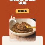 An image of a recipe card for Ancho Chile Rub showcases a bowl filled with the flavorful ancho rub, accompanied by a wooden spoon. The card sits on a brown backdrop with the website URL at the bottom: whensaltyandsweetunite.com.