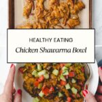 A top view of a tray with cooked chicken shawarma pieces and onions on parchment paper. Below, hands hold a vibrant chicken shawarma bowl with yellow rice, diced cucumber, and tomato. A text overlay reads Healthy Eating: Savor the Flavors of Chicken Shawarma Bowl.