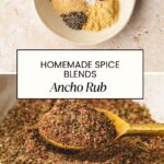Top image: A bowl showcasing an array of spices in neat sections. Bottom image: A spoon delicately scooping a coarse ancho rub from the bowl. Text in the center reads, Homemade Spice Blends Ancho Rub. Discover more at whensaltyandsweetunite.com.