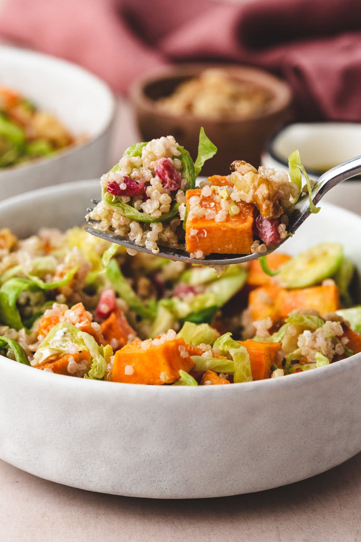 A bowl of quinoa salad with visible chunks of sweet potato, Brussels sprouts, cranberries, and walnuts. A spoon lifts a portion highlighting the colorful ingredients. A blurred sauce bowl is in the background.
