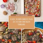 Collage showing za’atar chicken sheet pan dinner with potatoes and peppers: ingredients, sheet pan before and after baking, and finished dish served on couscous. Center text reads Easy 30 Min Sheet Pan Zaatar Chicken Thighs.