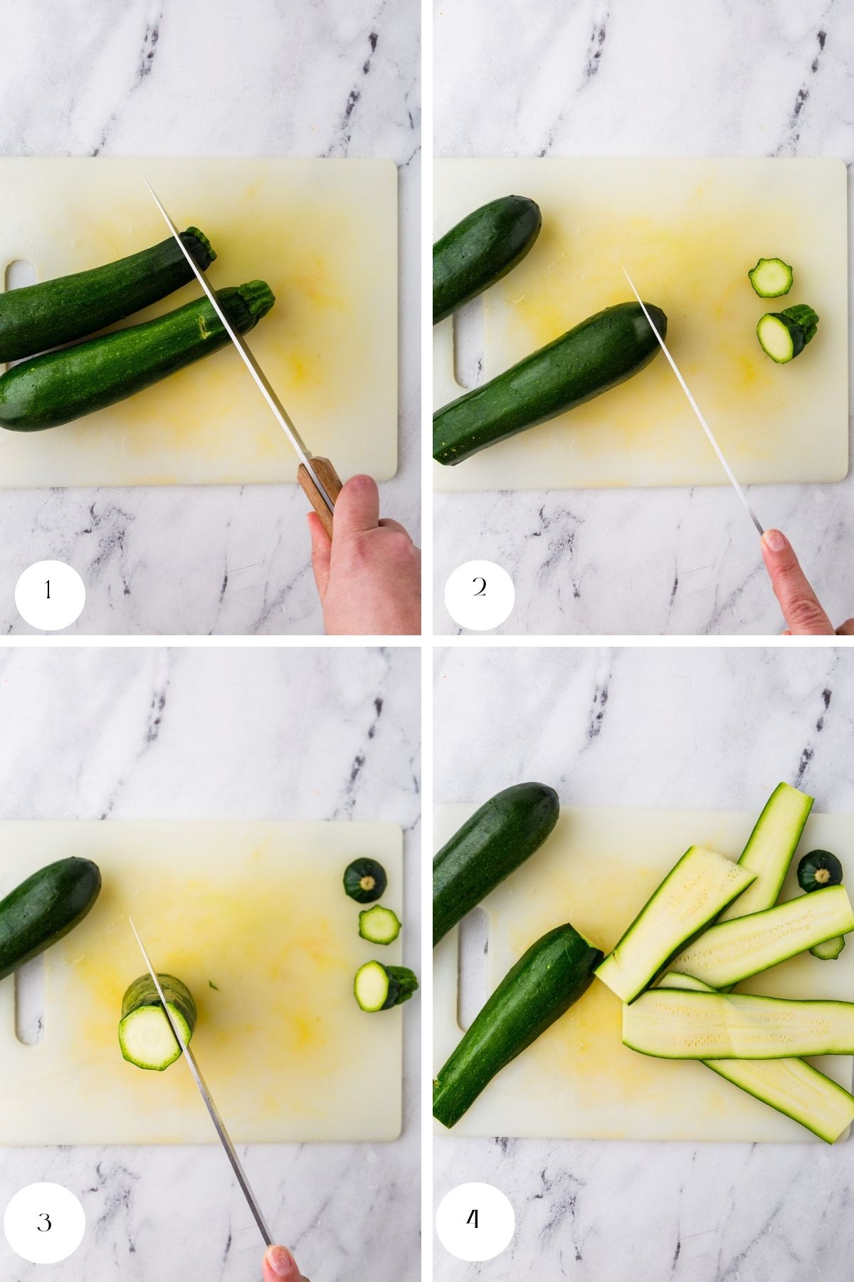 A four-step photo collage shows hands slicing zucchini for zucchini lasagna on a white cutting board: cutting off ends, slicing lengthwise, and creating thin strips. Two whole zucchinis and several slices are visible.
