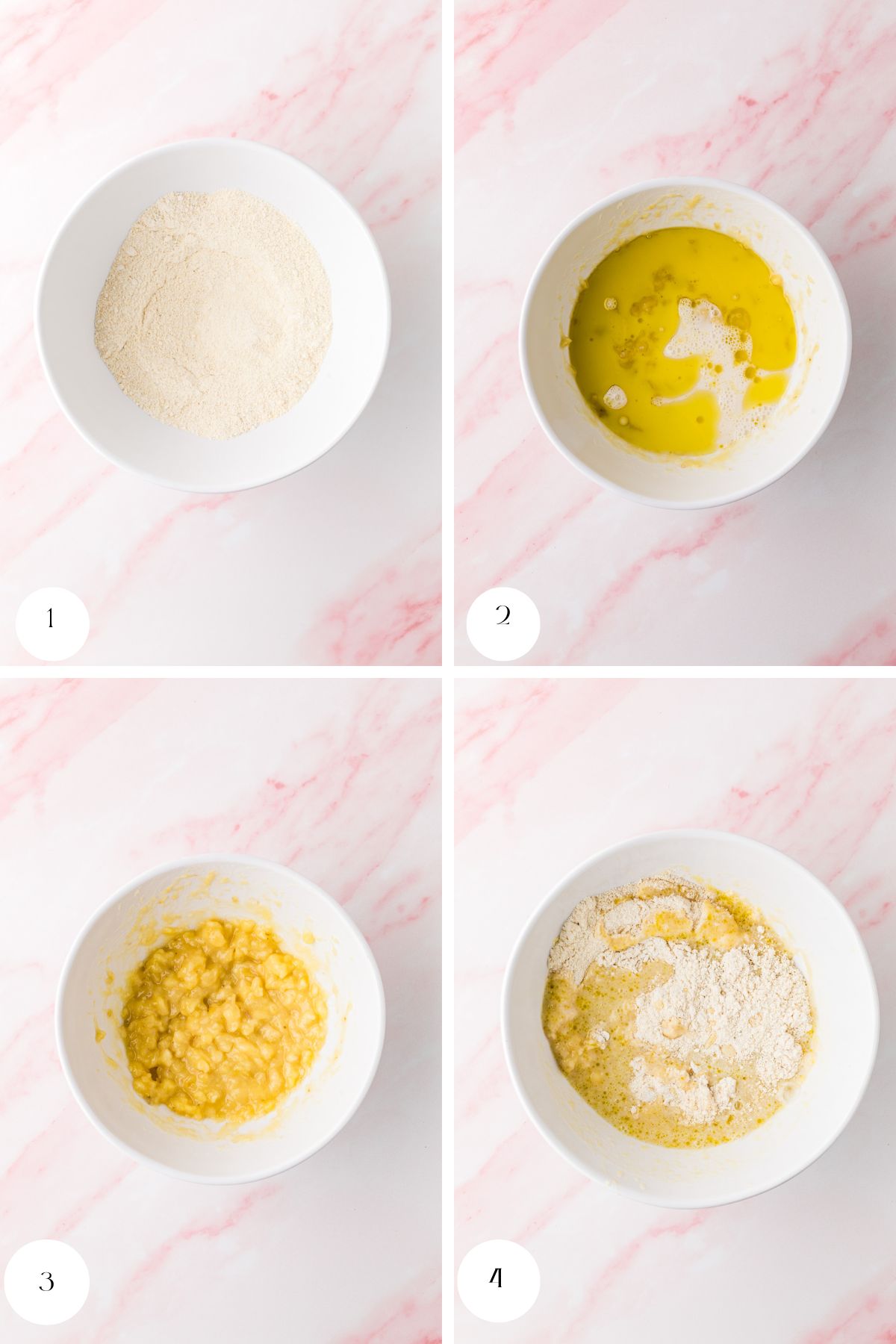 A step-by-step collage shows: 1) Flour in a white bowl, 2) Wet ingredients added, 3) Mashed mixture, 4) Ingredients for gluten free banana chocolate chip muffins combined in a bowl, all on a pink marble surface.