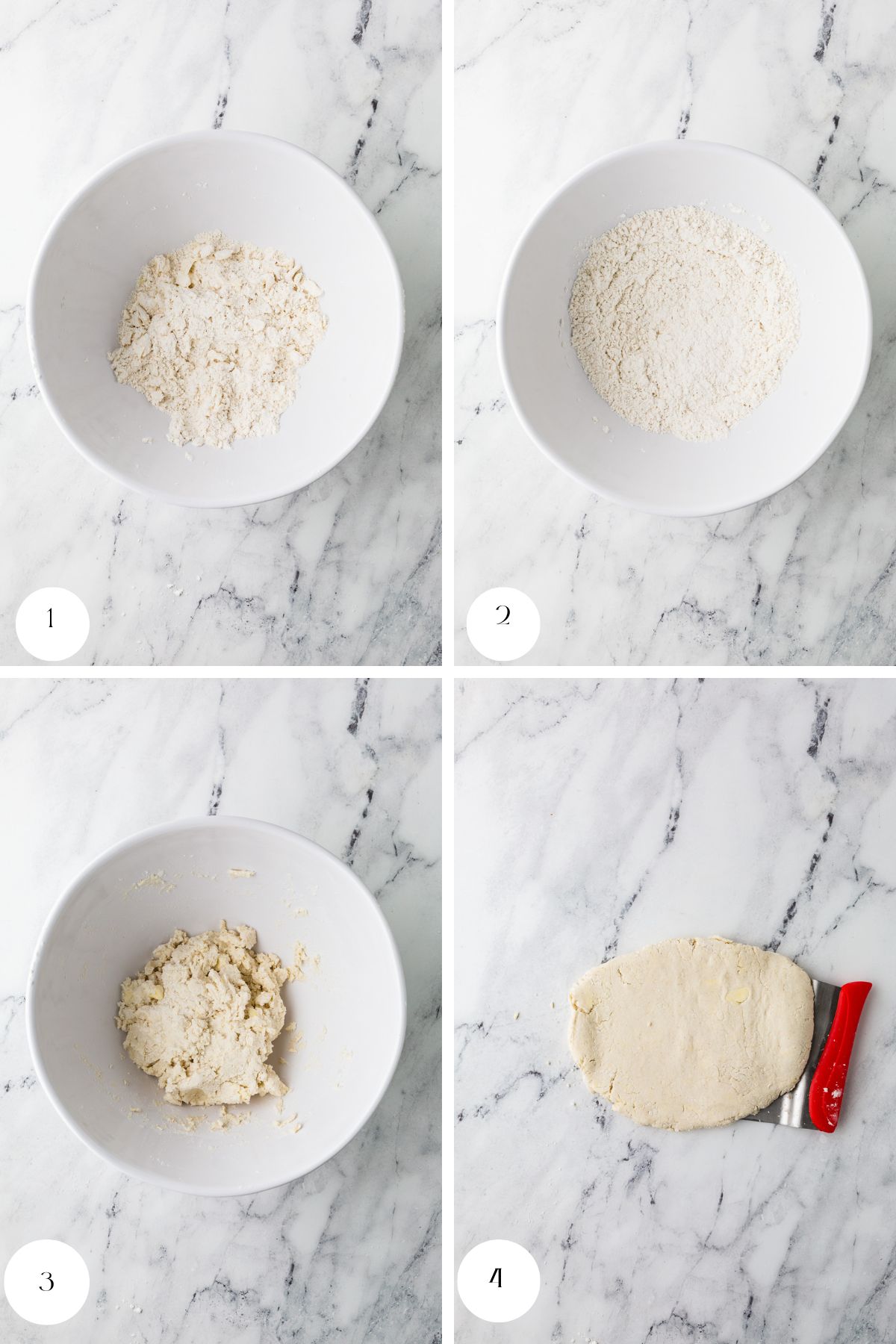 Four images show steps making gluten free buttermilk biscuits: 1) Dry flour mixture in a bowl, 2) Another angle of flour in a bowl, 3) Dough mixture beginning to form, 4) Flattened dough with a pastry scraper on marble.