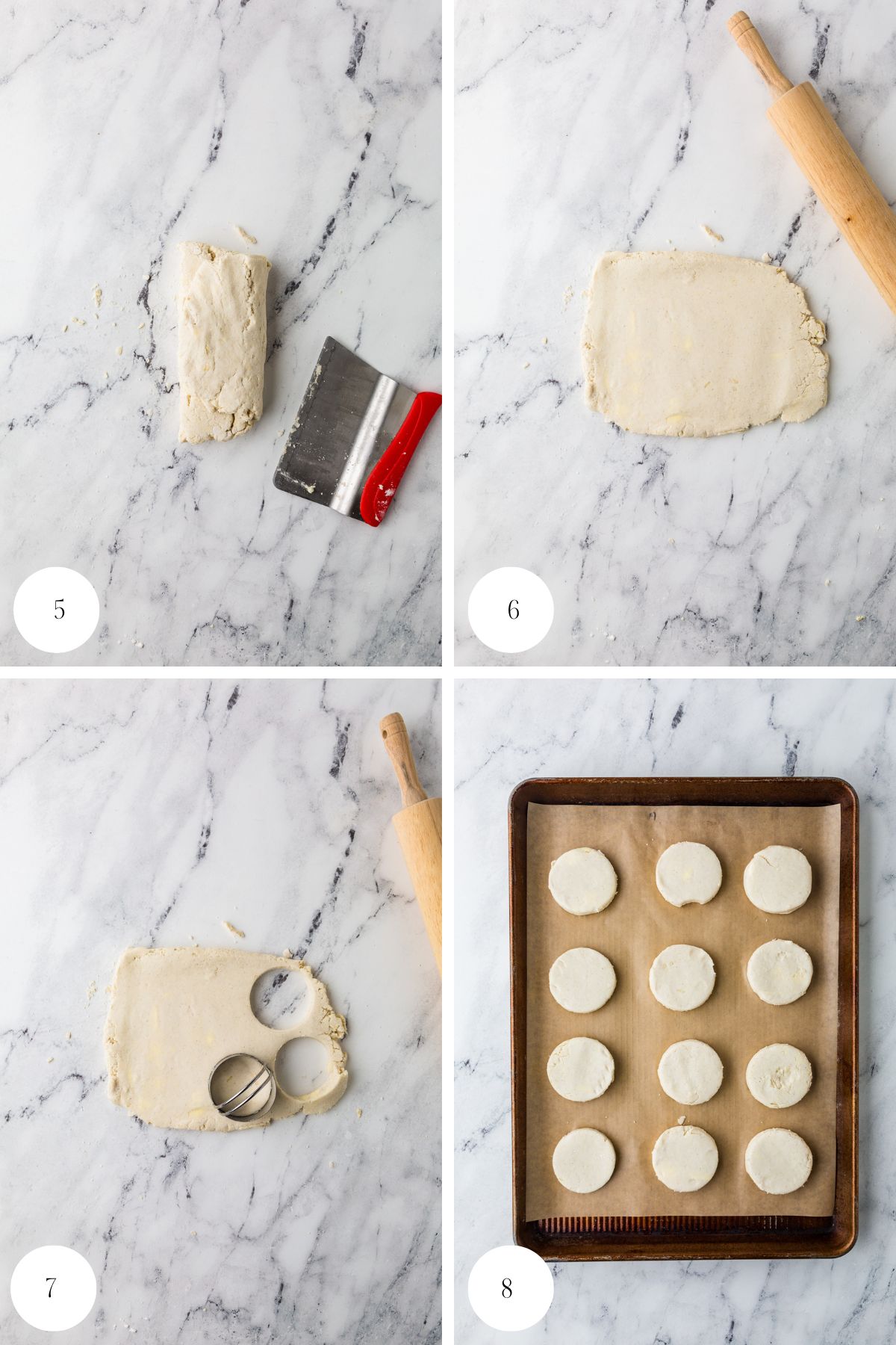Four-step process for making gluten free buttermilk biscuits: dough and scraper on marble, dough rolled out with rolling pin, dough cut with a round cutter, and cut biscuits on a baking sheet.