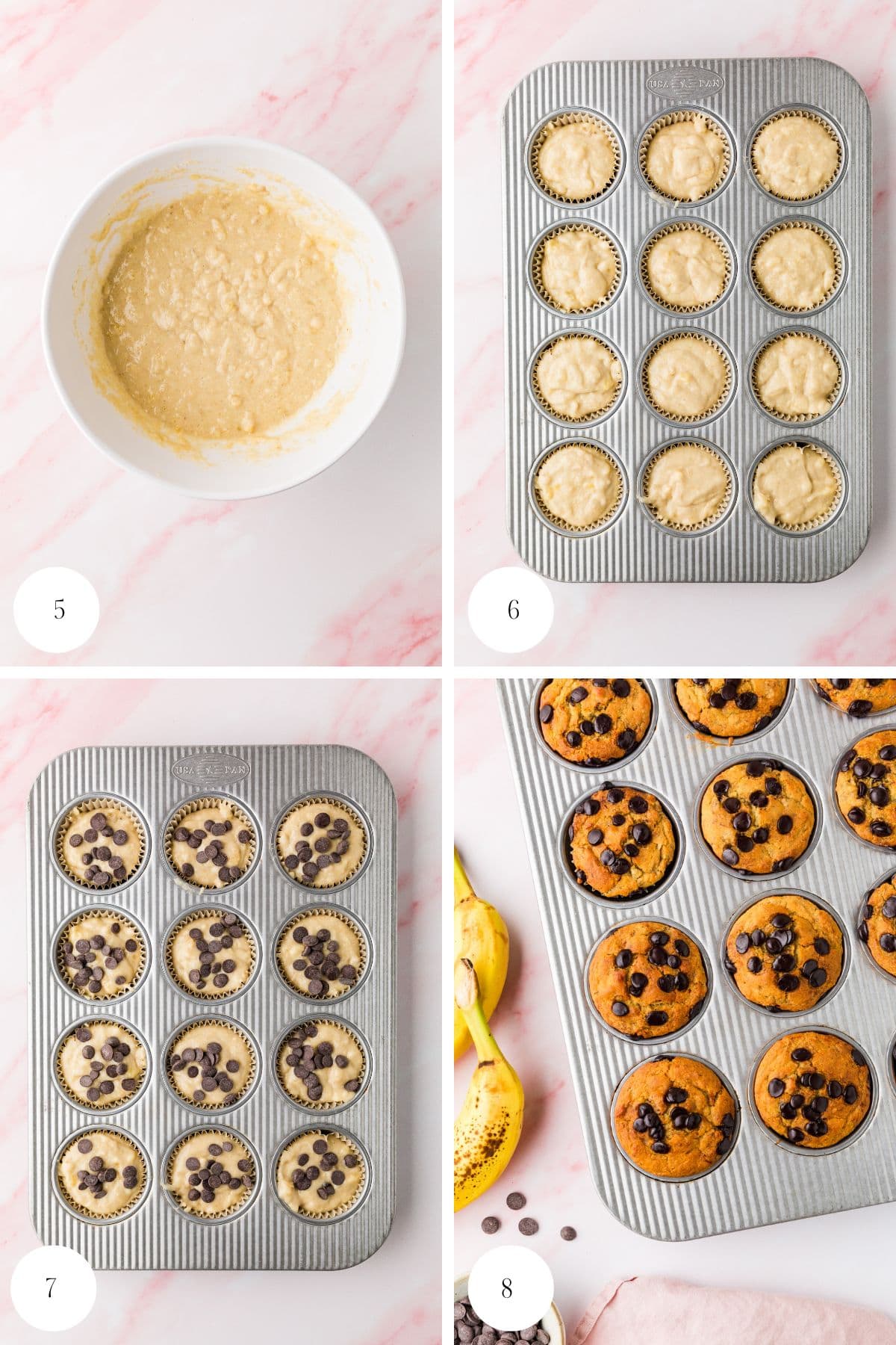 Four-step photo collage: 1) Mixing gluten free banana chocolate chip muffin batter in a white bowl, 2) Batter poured into a muffin tin, 3) Batter topped with chocolate chips, 4) Freshly baked muffins in the tin with bananas nearby.
