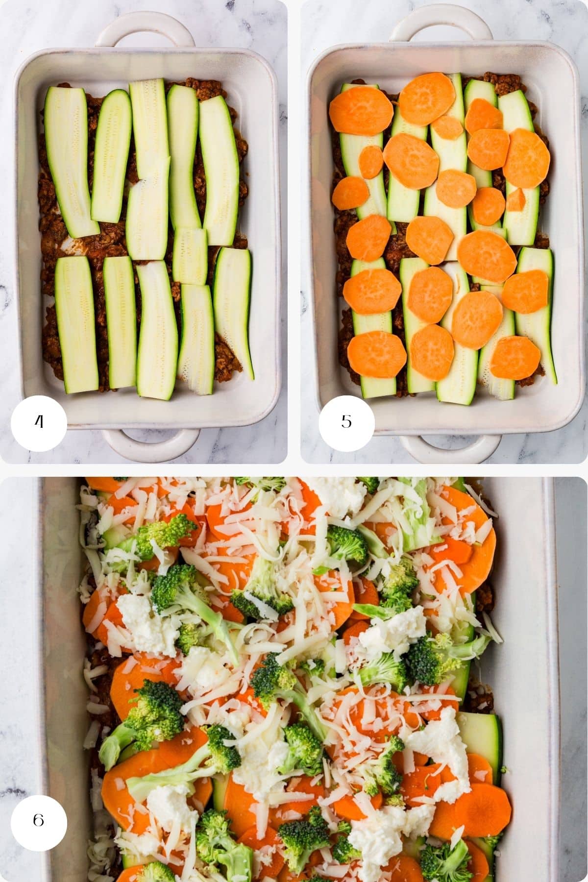 Three images show steps of assembling a zucchini lasagna casserole: 1) a layer of sliced zucchini in a dish, 2) sweet potato rounds added on top, 3) finished with broccoli and shredded cheese.