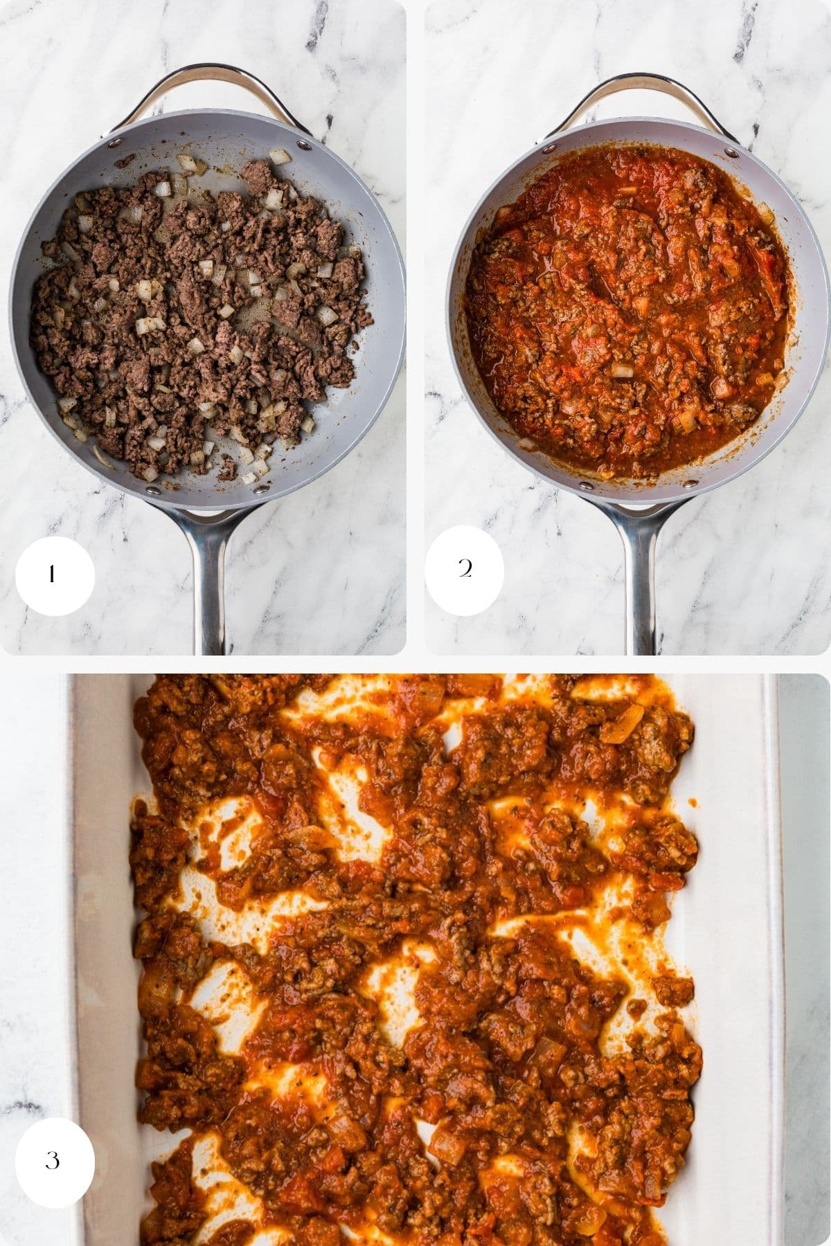 Three-step cooking process for zucchini lasagna: Image 1 shows ground beef and diced onions cooking in a skillet. Image 2 adds tomato sauce to the mixture. Image 3 spreads the savory beef filling in a baking dish, ready for zucchini layers.
