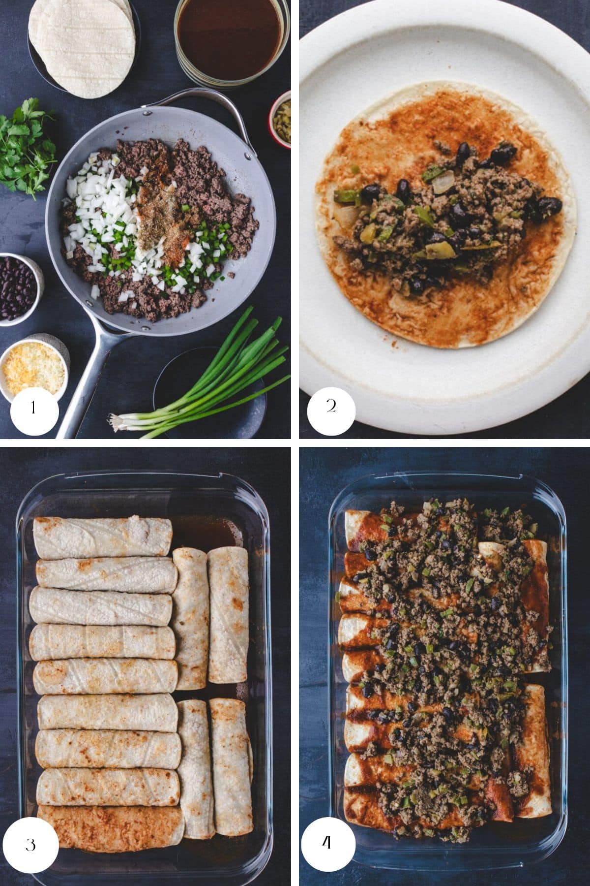 A four-step collage shows making bison enchiladas: 1. Ground bison, onions, and spices in a pan with tortillas and toppings nearby. 2. Bison filling spread on a tortilla. 3. Rolled tortillas in a dish. 4. Enchiladas topped with filling and sauce.