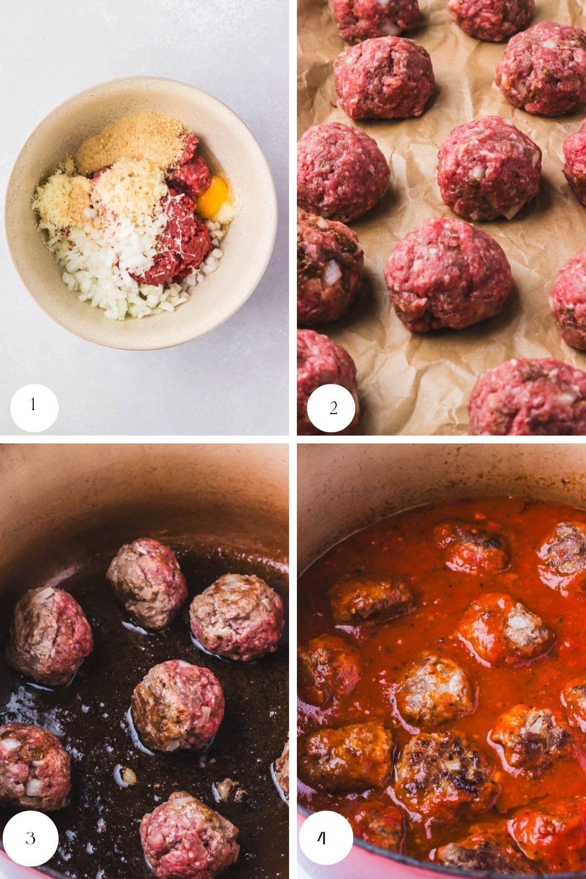Four-step bison meatball recipe: 1) raw ingredients in a bowl, 2) shaped bison meatballs on parchment, 3) browned meatballs in a pot, 4) cooked meatballs simmering in tomato sauce.