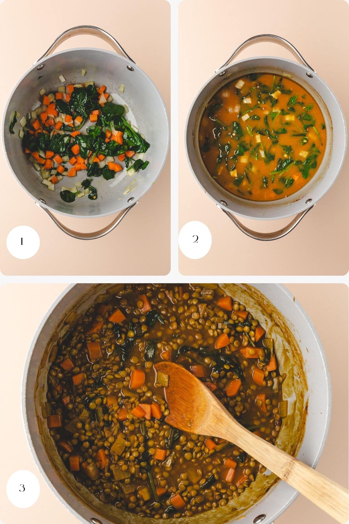 Three images show the steps of making Carrot Lentil Soup: 1) chopped vegetables sautéing in a pot, 2) broth and lentils added, and 3) a hearty, thick carrot lentil soup being stirred with a wooden spoon.