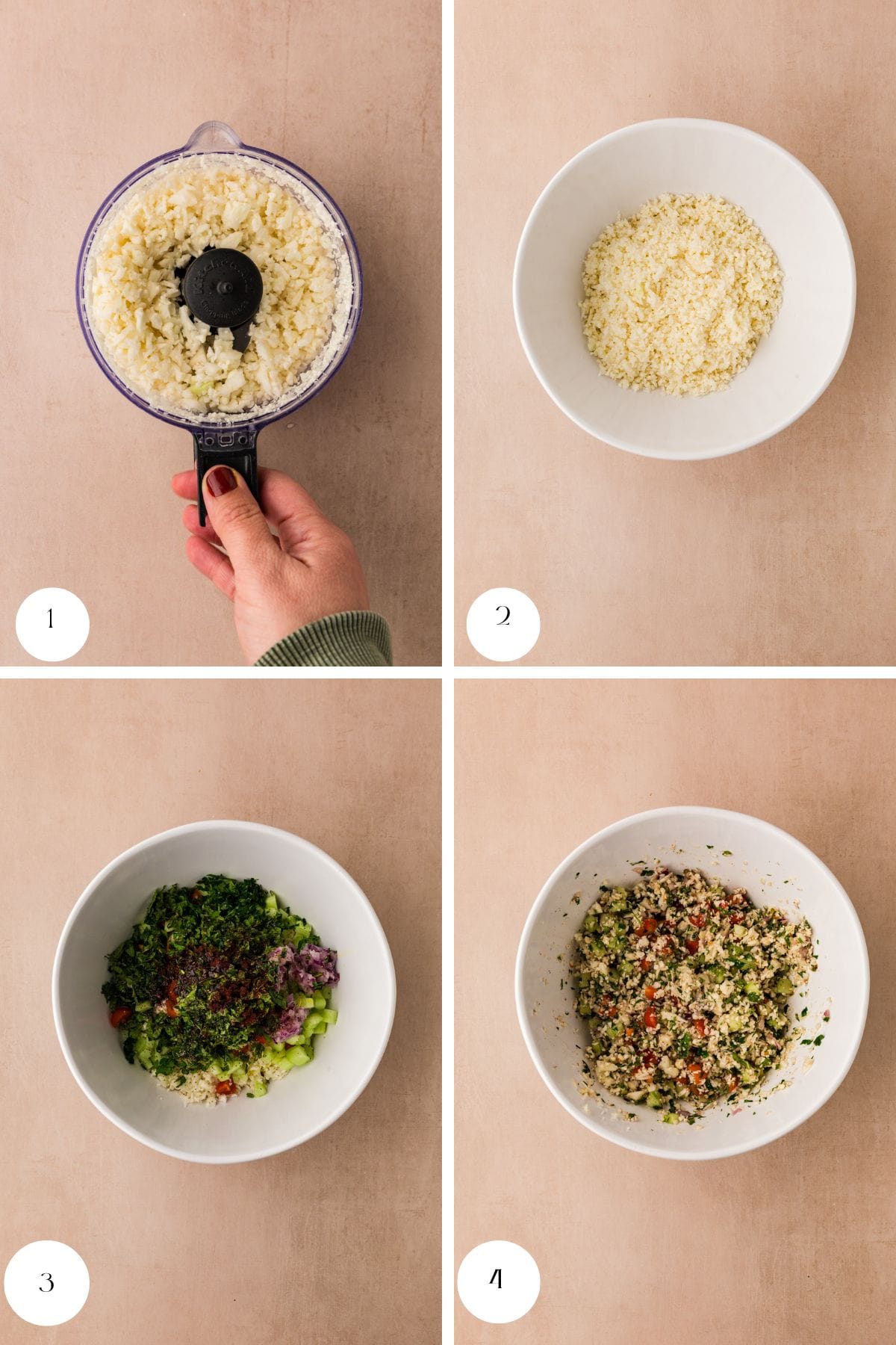 A four-step collage shows: 1) A hand holding a food processor with chopped cauliflower, 2) Cauliflower rice in a white bowl, 3) Bowl with cauliflower rice and herbs, onions, tomatoes, 4) Cauliflower Tabbouleh mixed in the bowl.