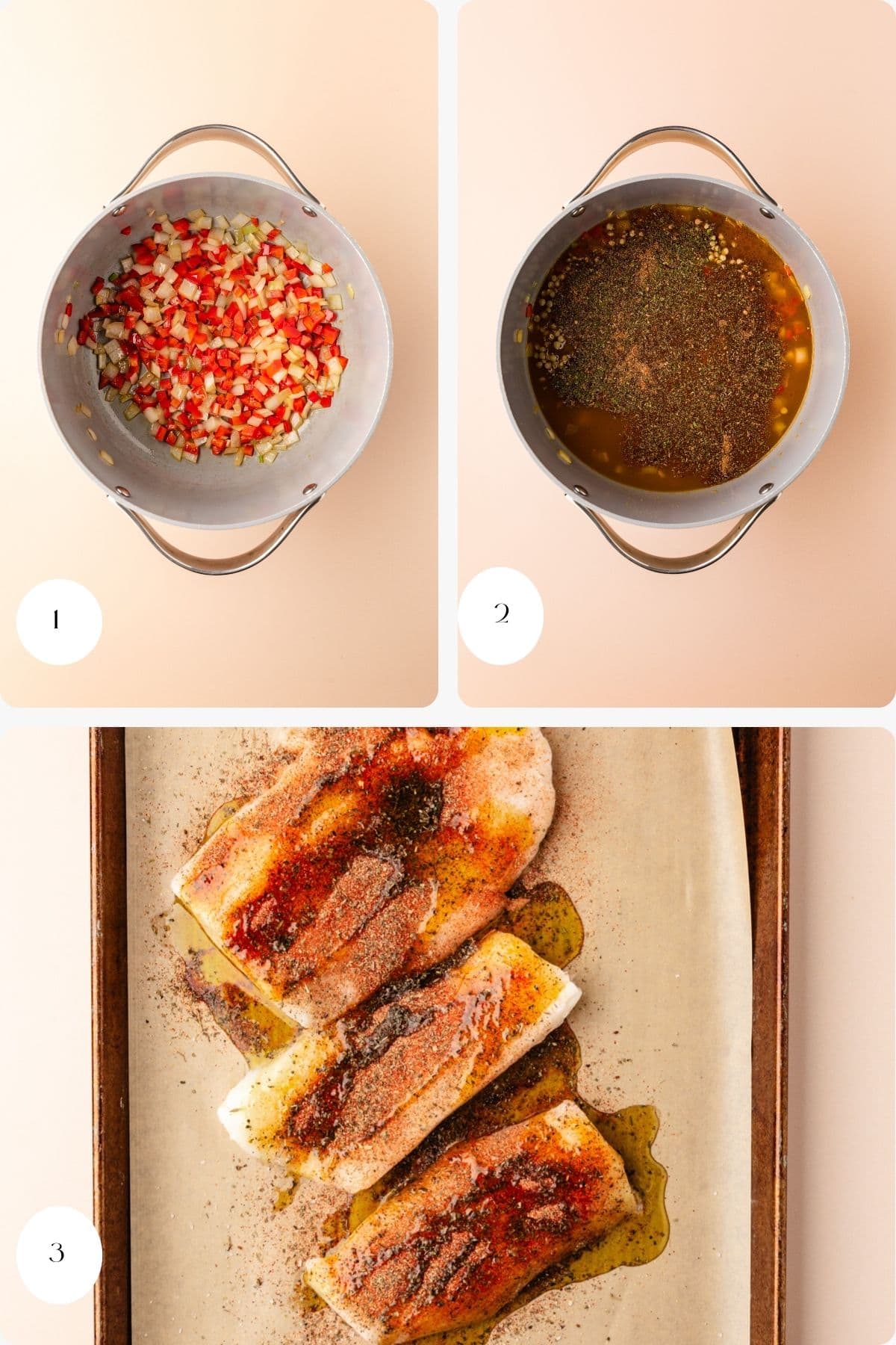 Three-step cooking process: 1) Chopped red peppers, onions, and lentils in a pot, 2) Broth with herbs and spices added, 3) Raw fish fillets on a baking tray topped with spices and olive oil. Enjoy this flavorful fish and lentils dish!.