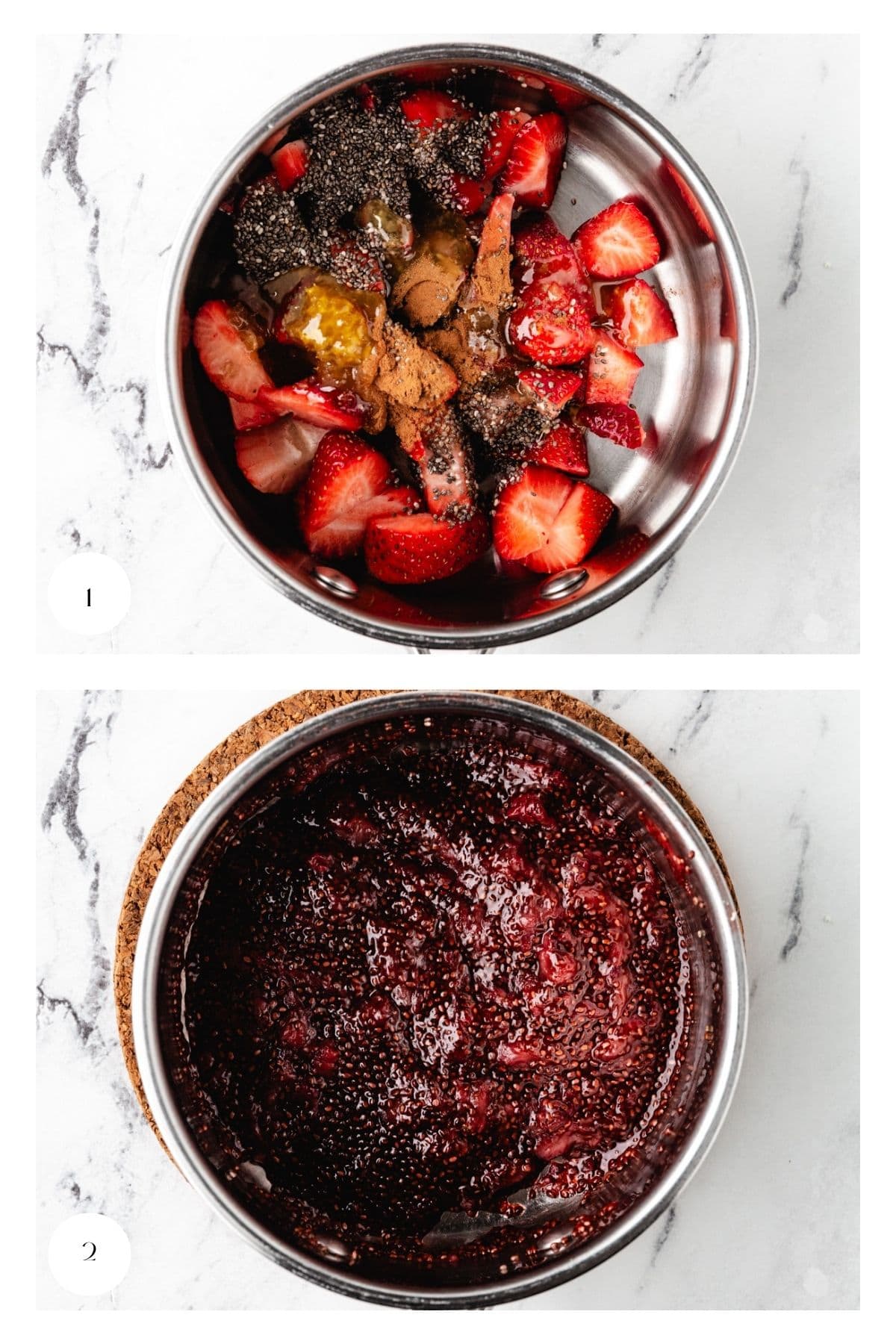 Two images: the first shows a metal bowl with strawberries, chia seeds, and other ingredients; the second displays a thick, dark red Strawberry Preserves Without Sugar blended into a tasty homemade chia jam.