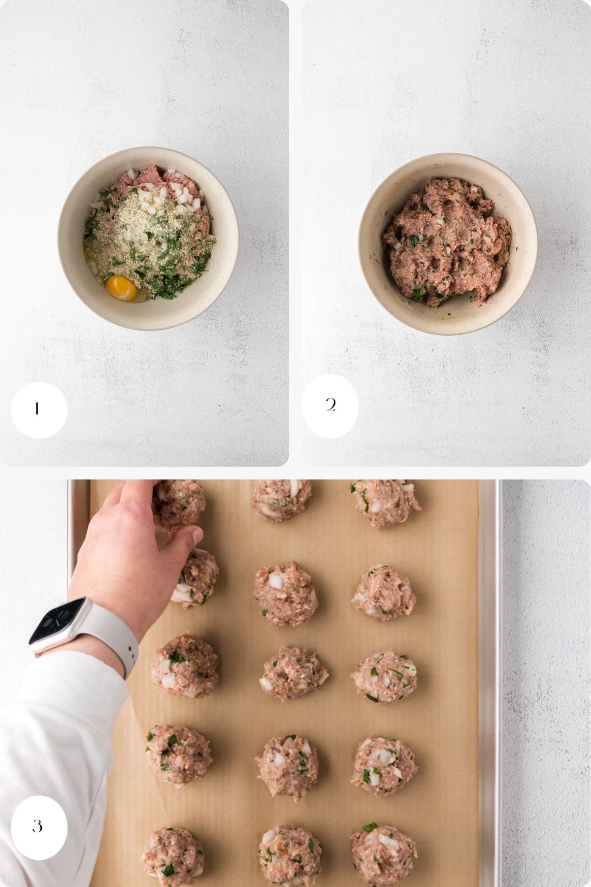Step-by-step process of making gluten free turkey meatballs: Image 1 shows meatball ingredients in a bowl; image 2 shows the ingredients mixed together; image 3 shows a hand placing shaped meatballs onto a lined baking sheet.