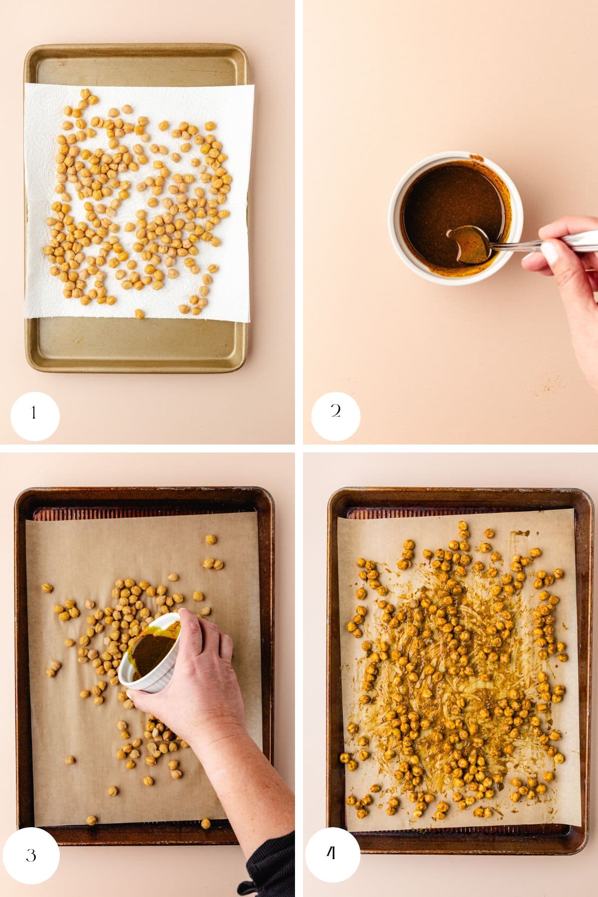 A four-step collage shows: 1) chickpeas on a paper towel-lined baking sheet, 2) a hand stirring seasoning for Turmeric Roasted Chickpeas, 3) pouring it over chickpeas, 4) seasoned chickpeas spread out on the baking sheet.