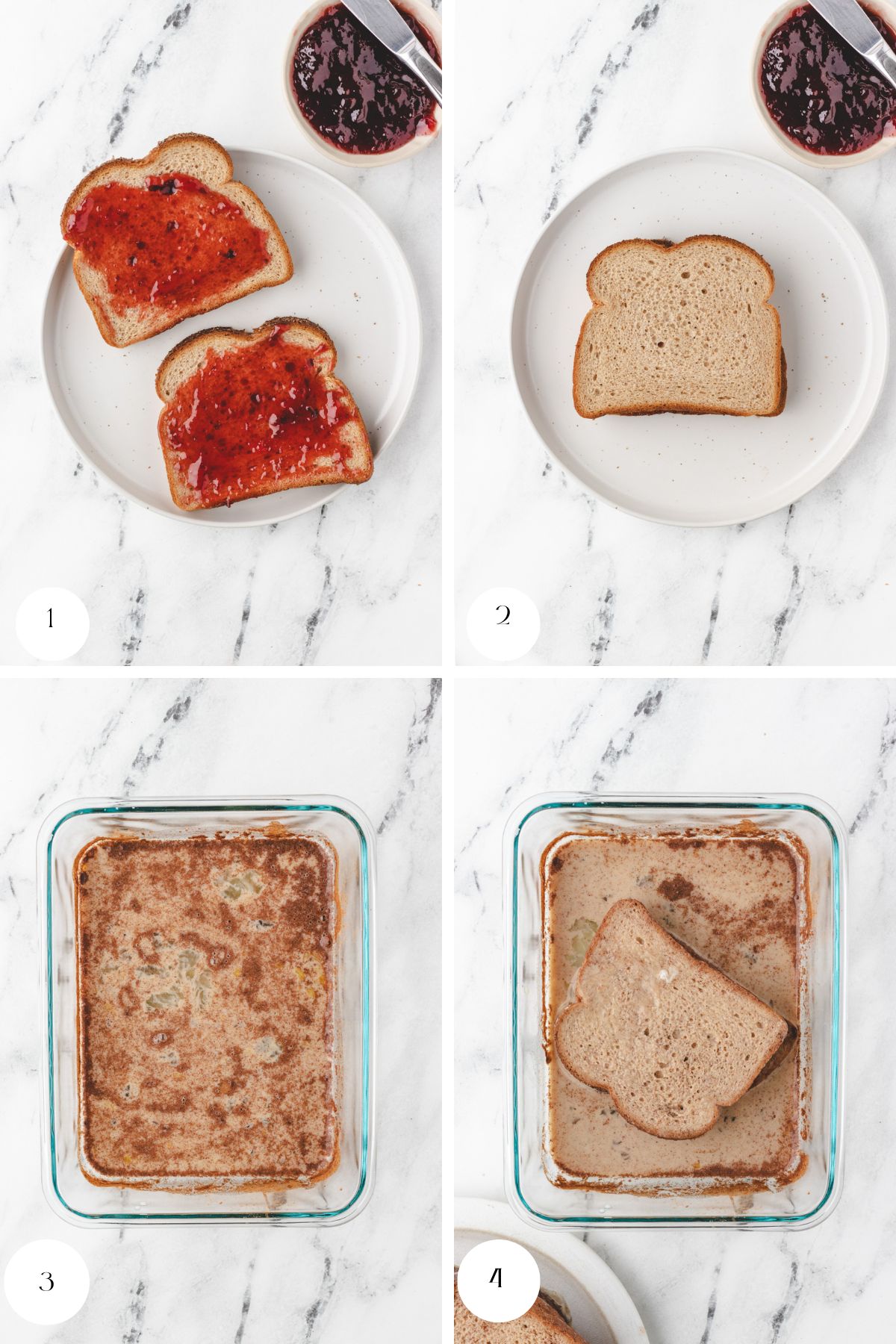 Four-step collage for a stuffed French toast recipe: 1) Two slices of bread with jelly on a plate; 2) Plain bread slice on a plate; 3) Bread soaking in cinnamon batter in a baking dish; 4) Another slice soaking in the batter.