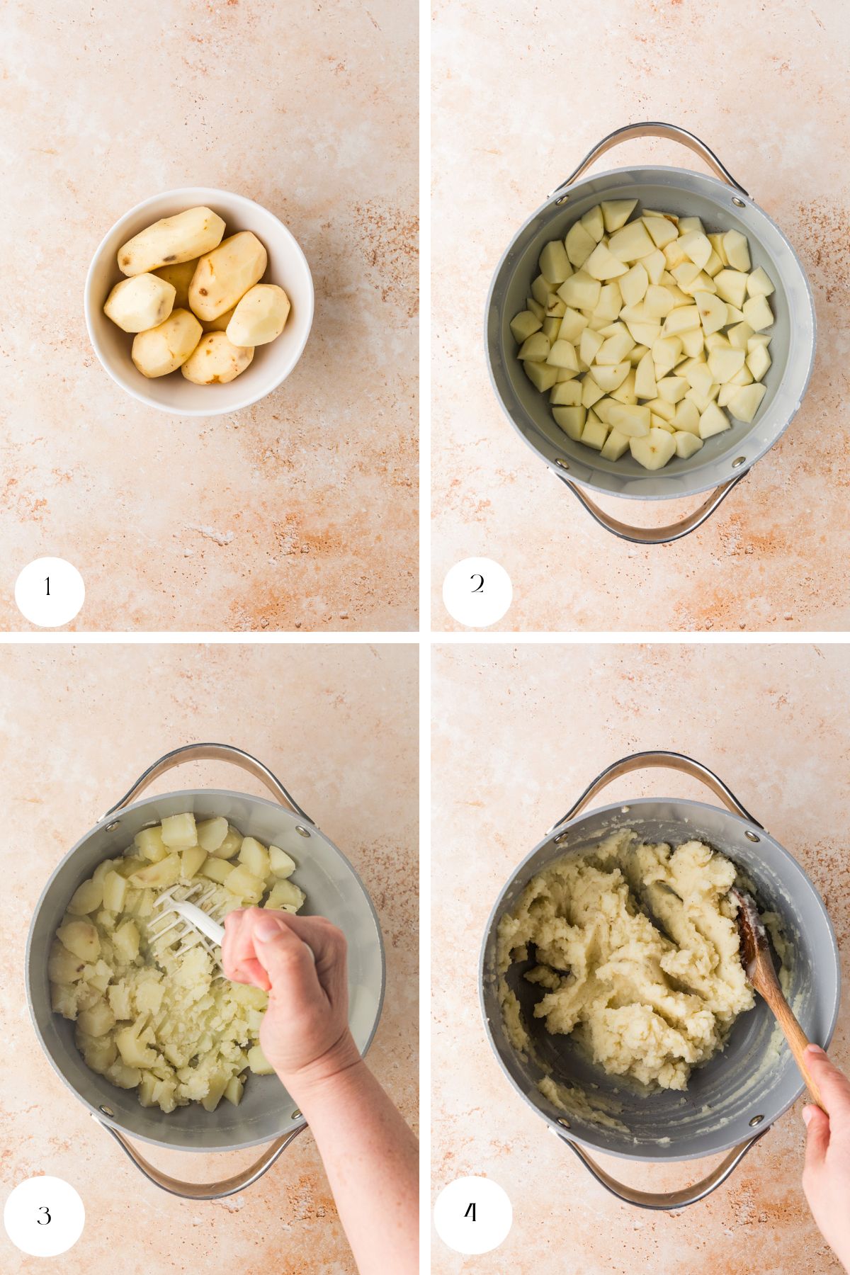 Four-step process to make mashed potatoes: 1) Whole peeled potatoes in a bowl. 2) Chopped potatoes in a pot. 3) Potatoes being mashed with a masher. 4) Mashed potatoes stirred with a wooden spoon.