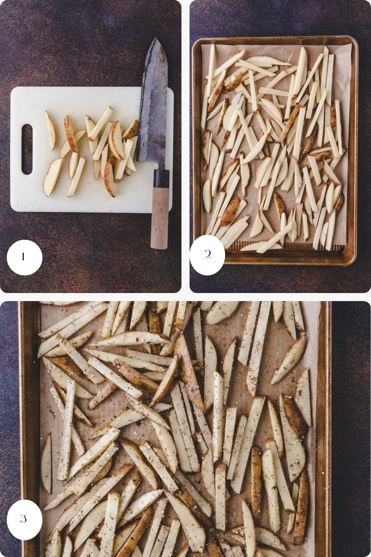 Step-by-step images show: 1) Sliced potatoes and a knife on a cutting board, 2) Uncooked zaatar fries spread on a parchment-lined baking sheet, 3) Baked fries on the baking sheet, seasoned with zaatar and golden.