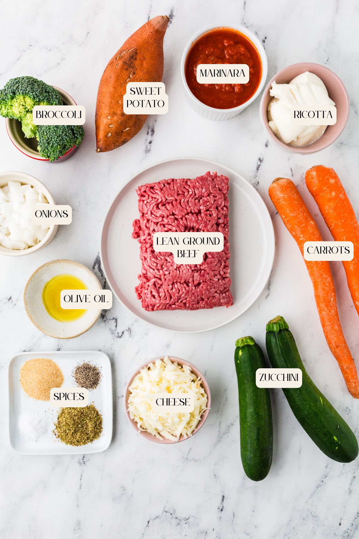 A flat lay of labeled ingredients for zucchini lasagna on a marble surface, including lean ground beef, sweet potato, carrots, zucchini, broccoli, onions, ricotta, marinara sauce, cheese, olive oil, and spices.