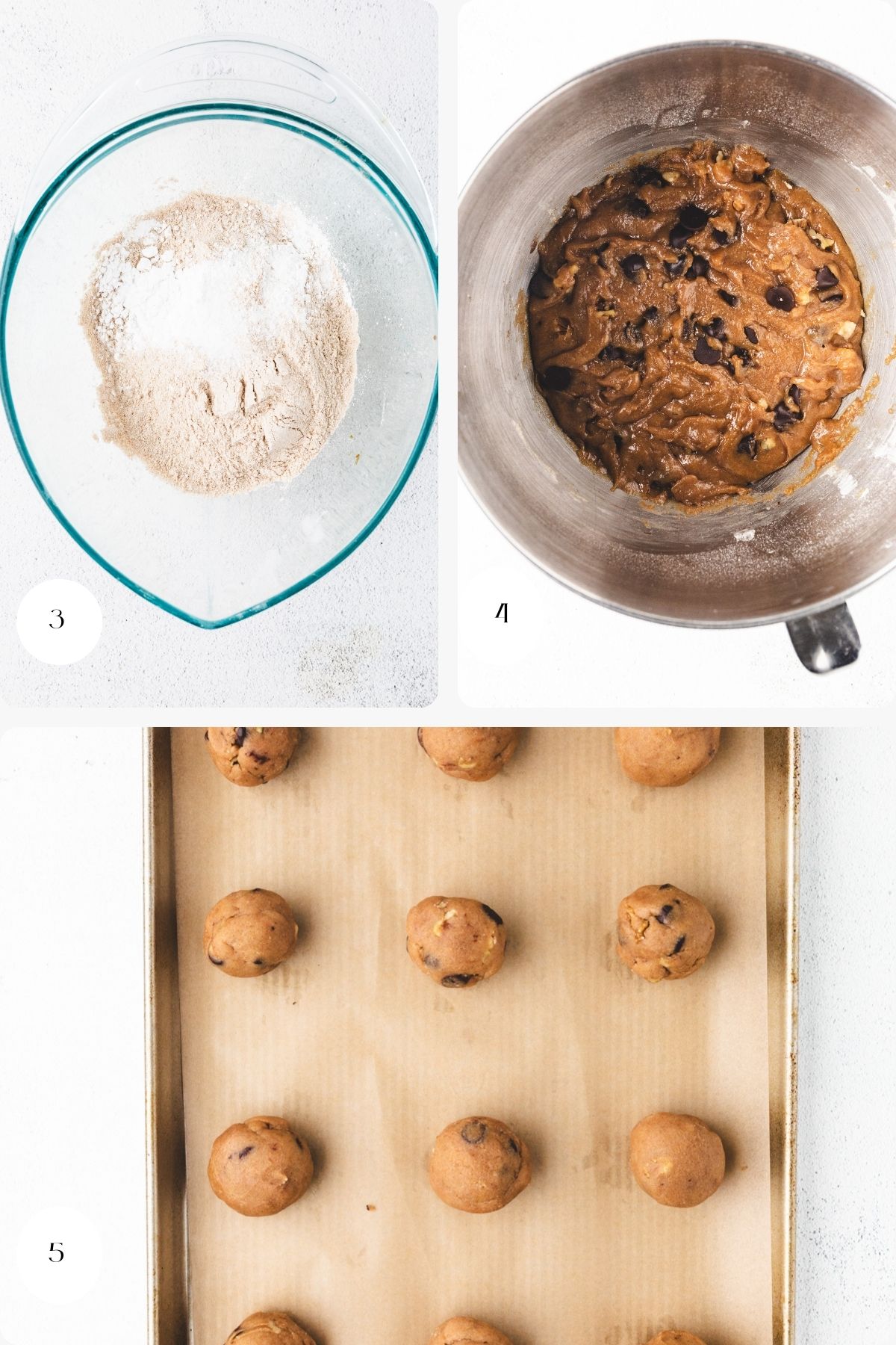 Three images show stages of making chocolate chip walnut cookies: flour mixture in a glass bowl, cookie dough with chocolate chips and walnuts in a metal bowl, and raw dough balls on a parchment-lined baking sheet.