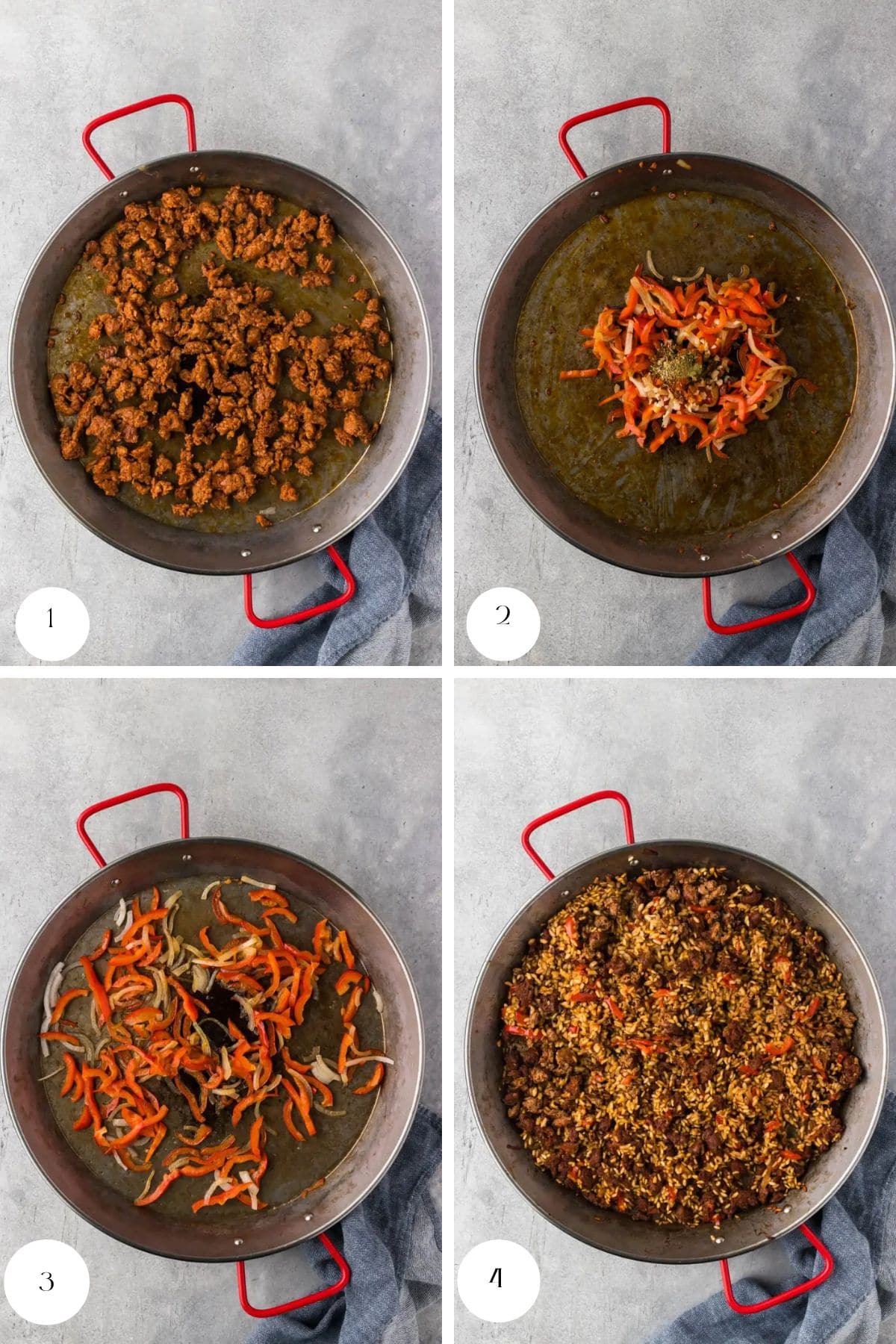 Four-step cooking process: crumbled browned sausage in a pan (1), sausage with chopped red peppers and onions added (2), sausage mixture with peppers and onions mixed in (3), and finished breakfast paella with all ingredients combined (4).