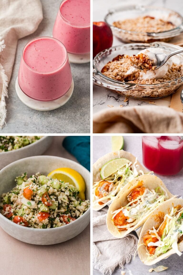 A collage of four food images featuring Gluten Free Summer Recipes: pink smoothies in glasses, a spoonful of baked oatmeal from a dish, a bowl of quinoa salad with vegetables and lemon, and veggie-filled tacos with sauce and a drink in the background.