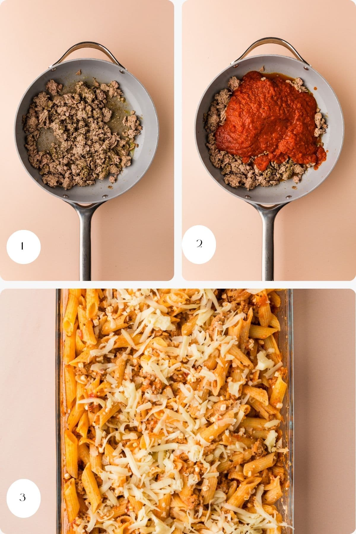 Step-by-step collage showing ground meat in a skillet, then with tomato sauce added, and finally a baking dish filled with 5 ingredient baked ziti—penne pasta, meat sauce, and melted cheese.