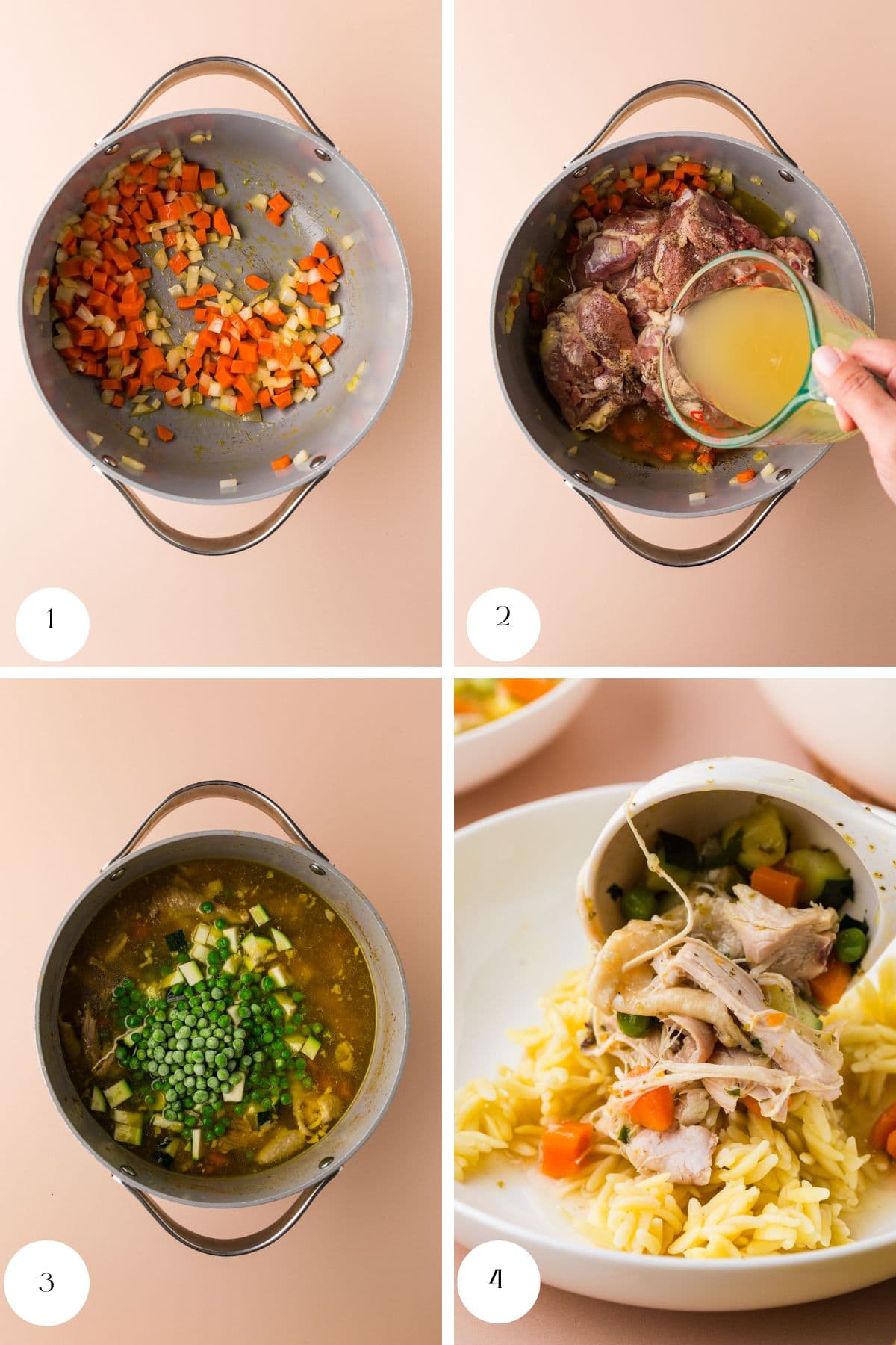 Four-panel image showing: 1. Chopped onions, carrots, and celery cooking in a pot. 2. Raw chicken and broth being added to the pot. 3. Pot filled with broth, peas, and zucchini. 4. Finished chicken soup served over orzo on a plate.