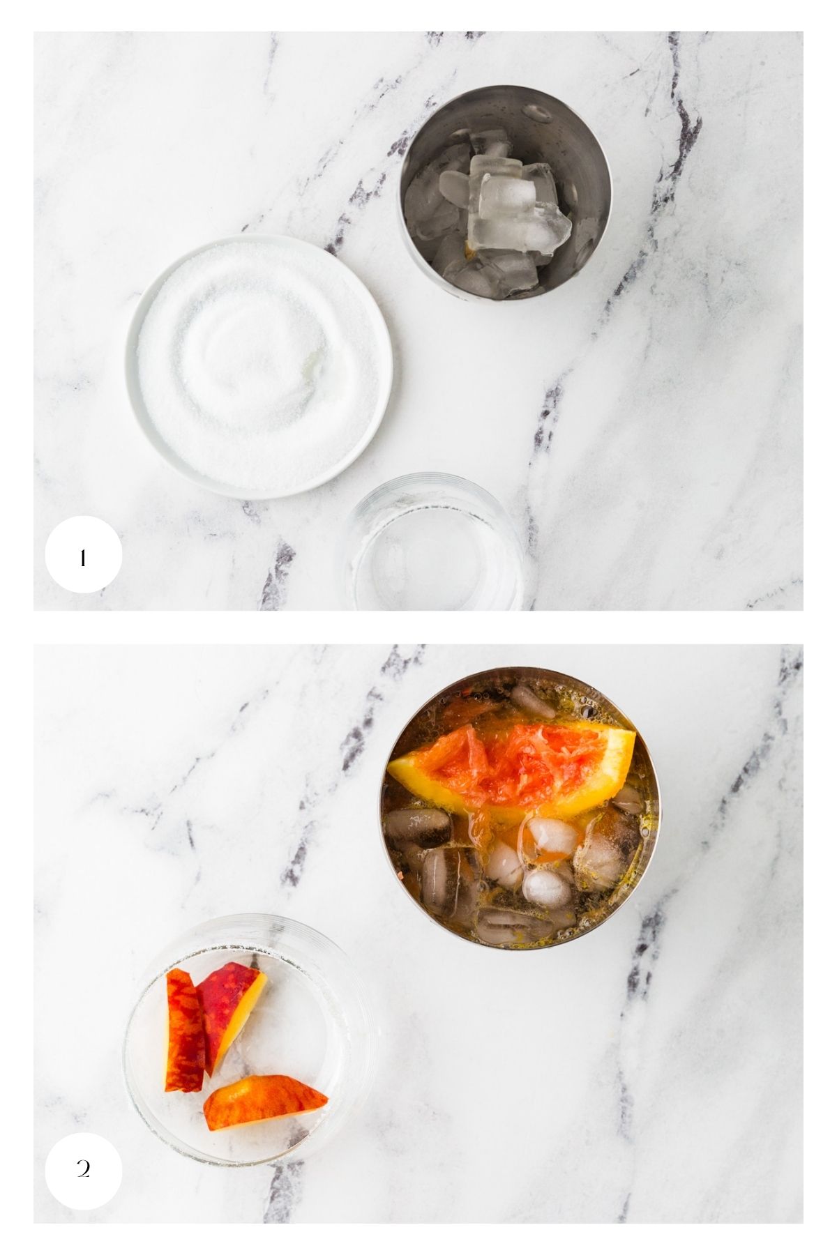 Two top-down images: the first shows a bowl of sugar, a metal cup with ice, and a glass of water on marble; the second shows a white sangria mocktail in a glass with peach slices and a metal cup with ice and grapefruit slices.