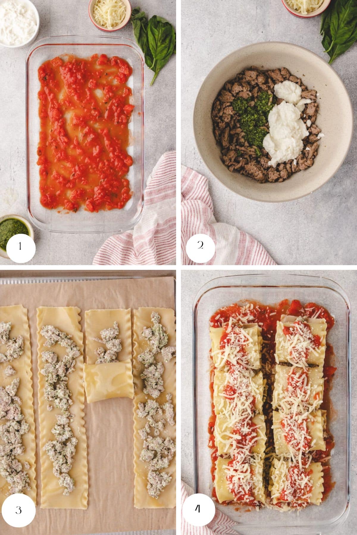 A four-step collage showing how to make turkey lasagna roll ups: layering sauce in a dish, mixing cheese, herbs, and turkey in a bowl, stuffing lasagna noodles, and placing filled noodles in the dish with sauce and cheese.