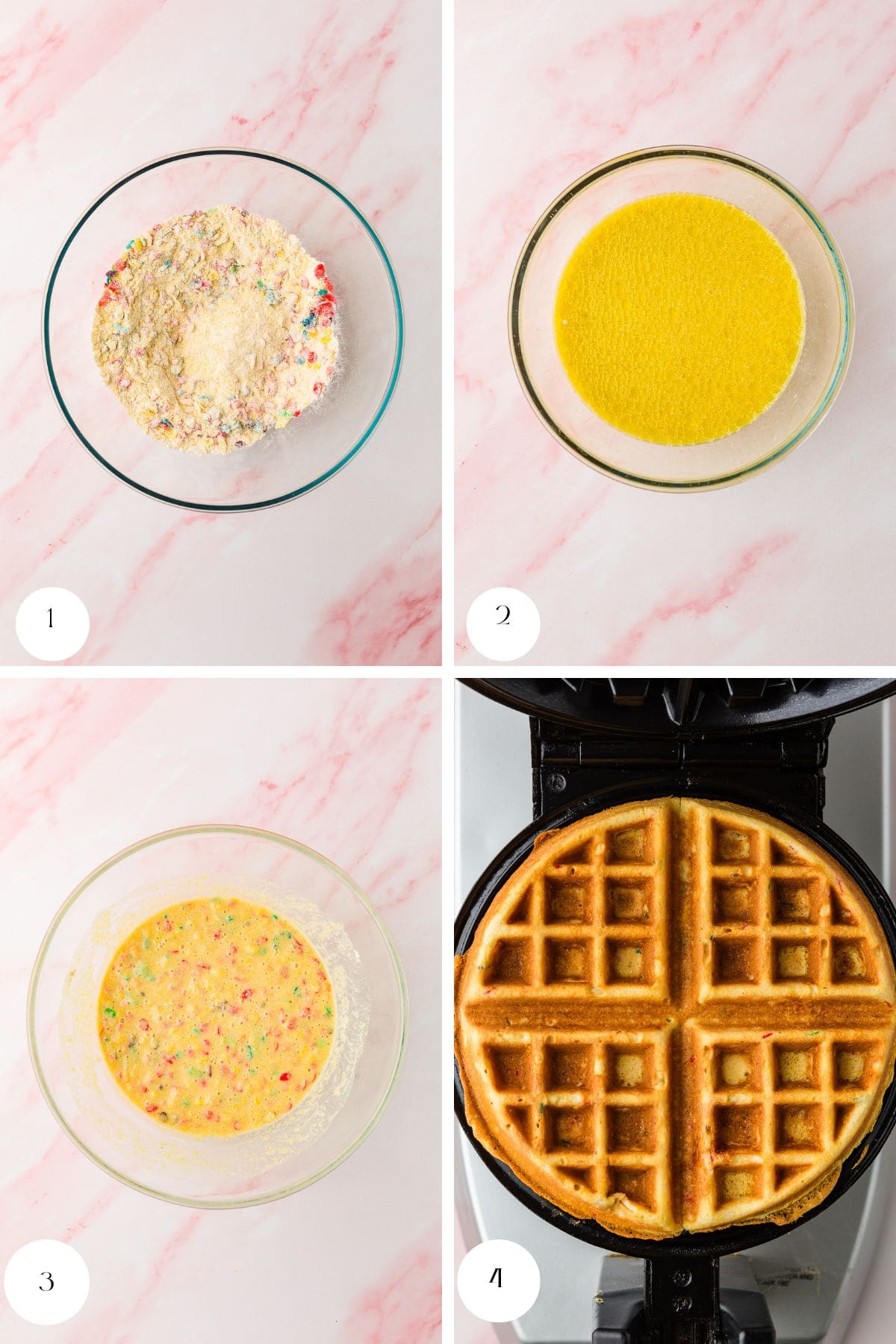 A four-step process for making Fruity Pebble Waffles: 1) A bowl of dry ingredients with colorful Fruity Pebbles, 2) A bowl of liquid ingredients, 3) Mixed waffle batter with sprinkles, 4) A golden waffle in a waffle maker.