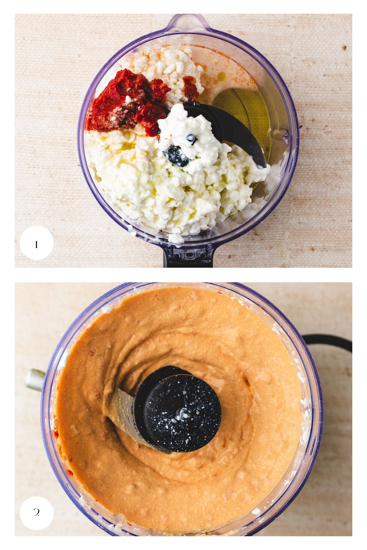 Top: Cottage cheese, olive oil, spices, and possibly tomato paste or harissa in a food processor. Bottom: The blended harissa cottage cheese dip becomes a smooth, creamy orange spread inside the food processor.