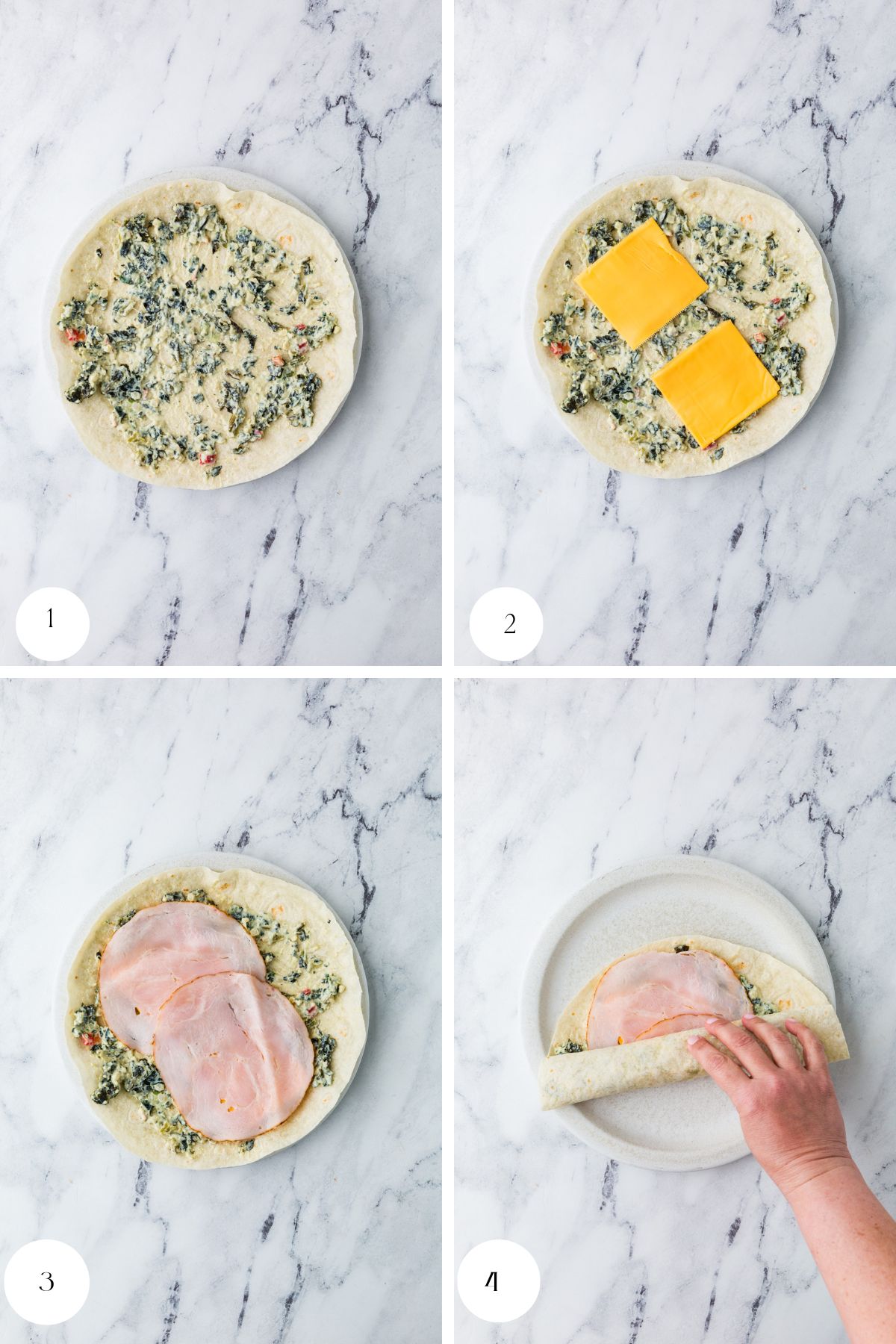 Four-step collage showing a tortilla being filled: 1) spinach mixture spread on a tortilla, 2) two slices of cheese added, 3) two slices of ham added, 4) a hand rolling up the filled tortilla on a white plate.