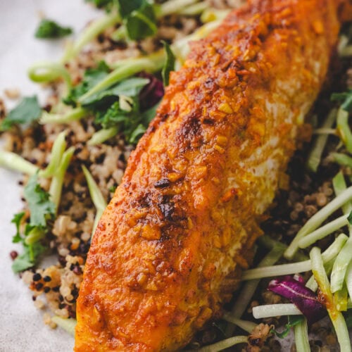 A close-up of a seasoned, roasted salmon fillet served on a bed of quinoa with fresh greens and shredded vegetables on a beige plate.