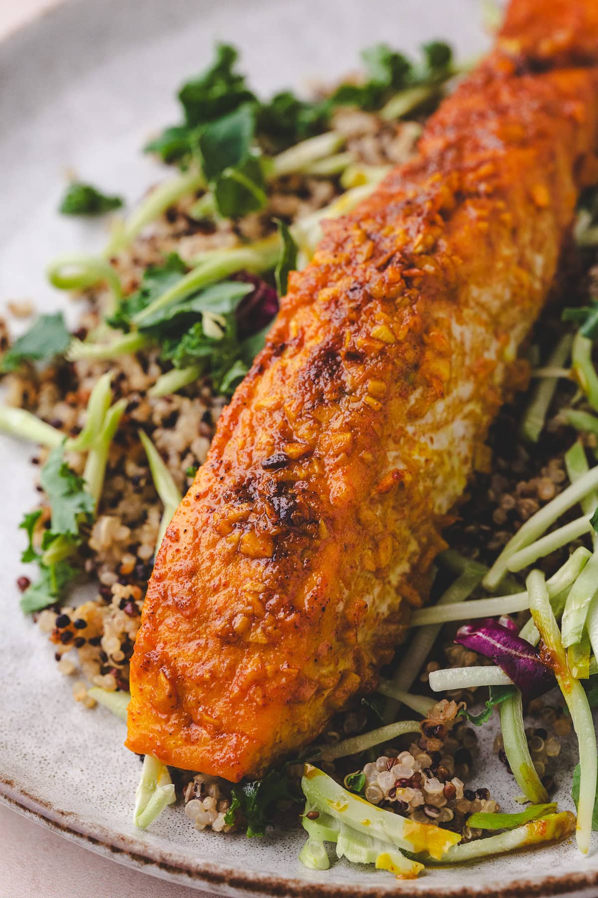 A close-up of a seasoned, roasted salmon fillet served on a bed of quinoa with fresh greens and shredded vegetables on a beige plate.