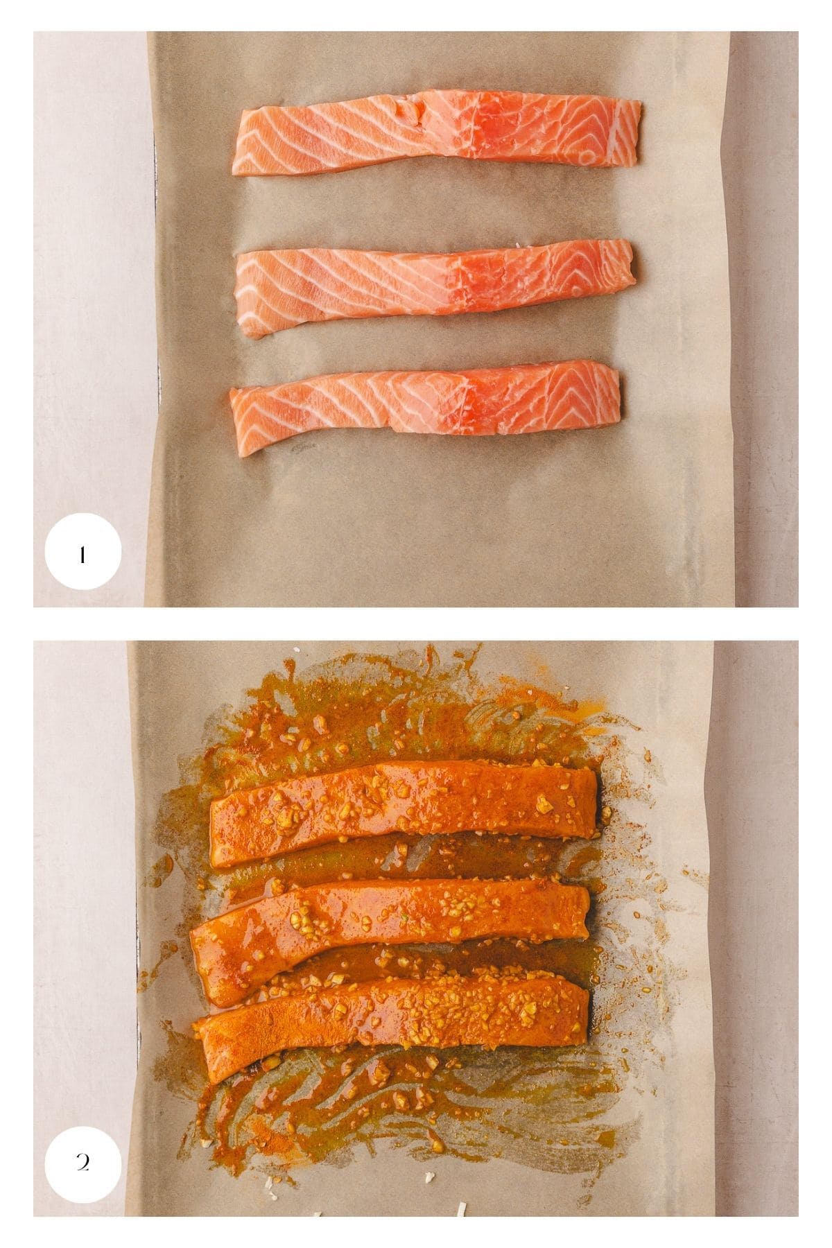 Top: Three raw salmon fillets on parchment paper. Bottom: Same salmon fillets coated with a reddish-orange marinade or sauce, also on parchment paper. Both images are labeled with numbers in the bottom left corner.