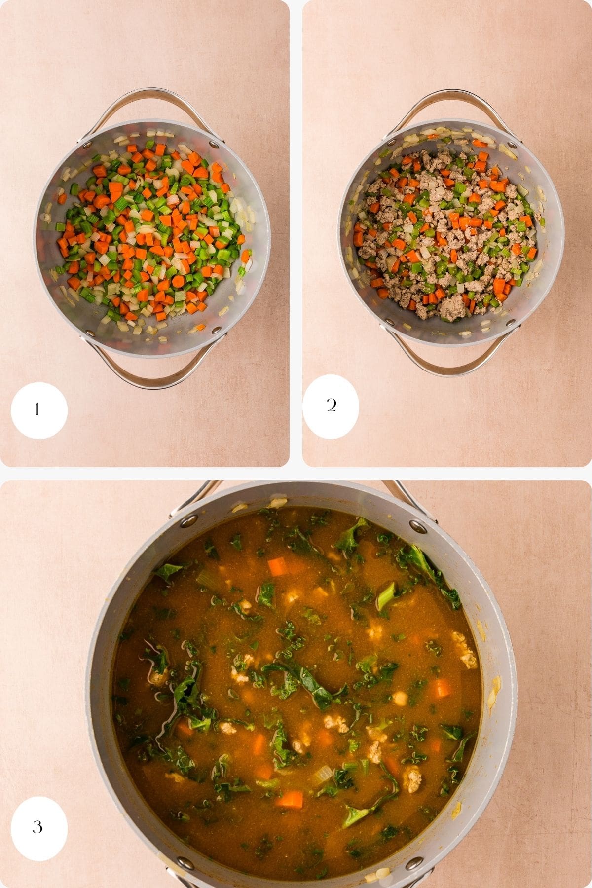 Three-step collage showing a soup recipe: 1) Chopped carrots, celery, and onions in a pot; 2) Ground meat added to the vegetables; 3) The pot filled with broth, greens, and more vegetables simmering.