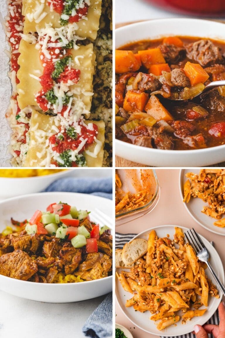 A collage of four tasty dinner ideas for busy moms: cheesy ravioli with red sauce, beef stew with vegetables, pasta with meat sauce, and cubed meat topped with diced tomatoes and cucumber.