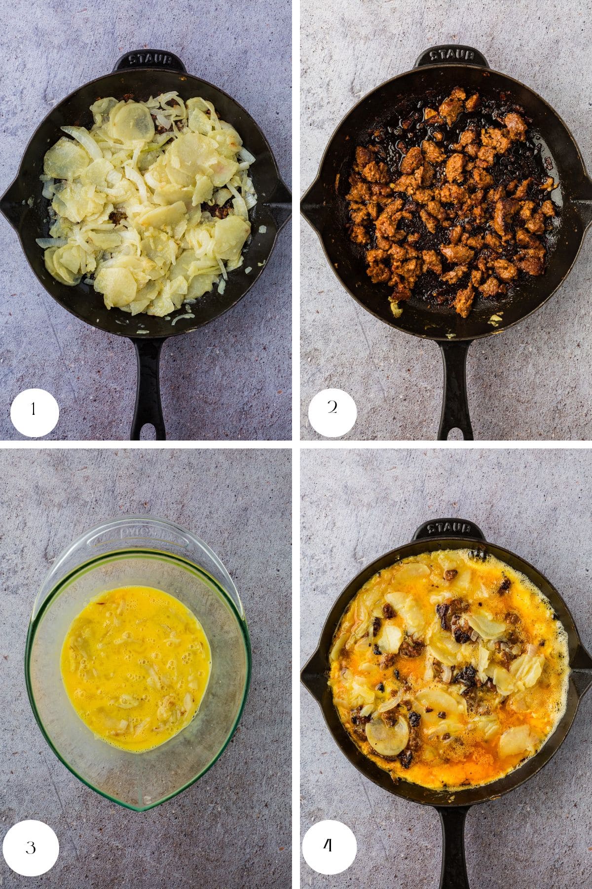 Four-step cooking process: (1) Sliced potatoes and onions in a skillet, (2) browned sausage in the skillet, (3) beaten eggs in a glass bowl, (4) finished baked frittata—one of the best things to do in a power outage with simple ingredients.