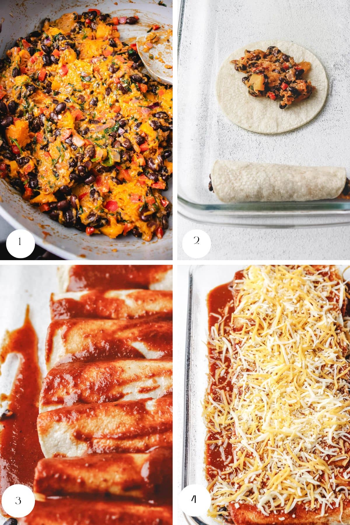 A skillet with a colorful mixture for black bean enchiladas. A tortilla topped with the bean mixture, partially rolled in a glass dish. Rolled enchiladas covered in red sauce, then finished with a layer of shredded cheese.