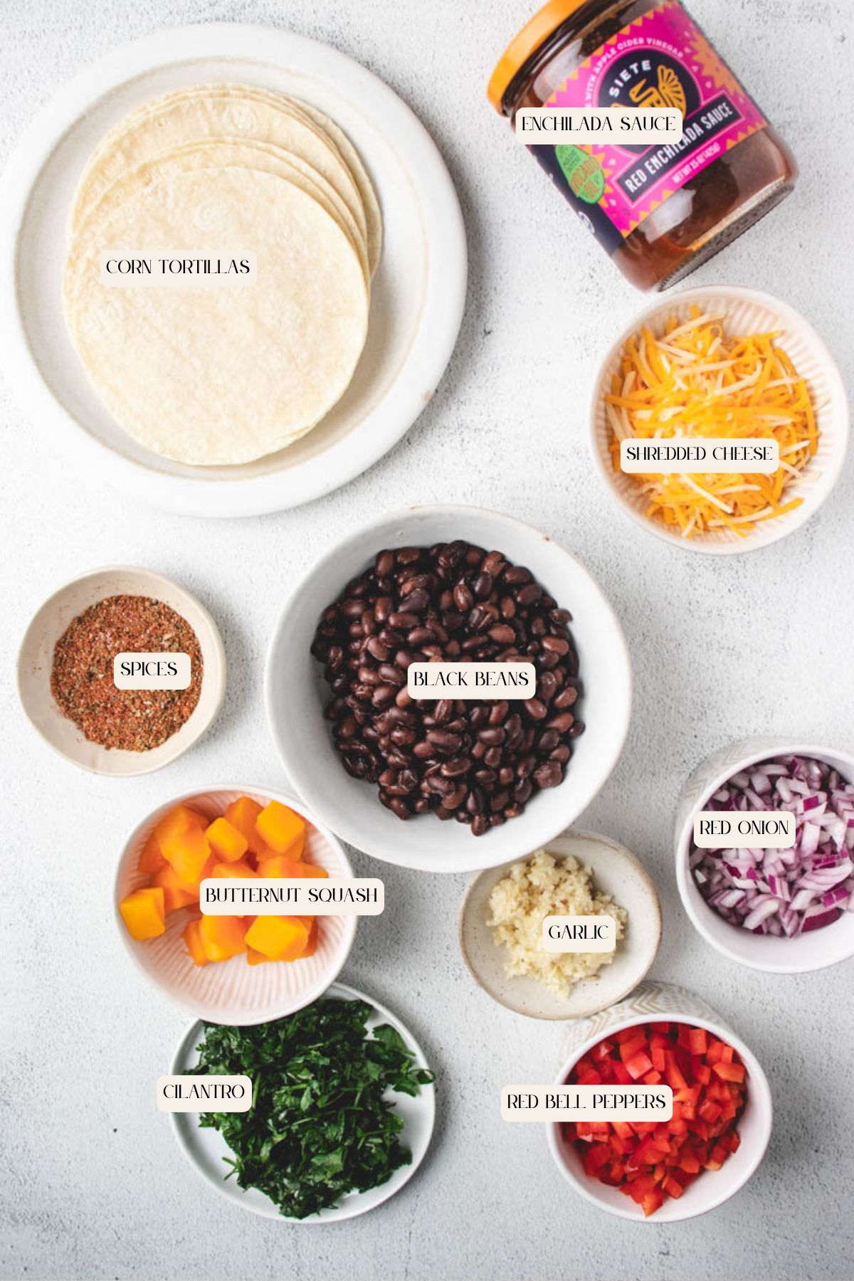 Nine labeled bowls and plates display ingredients for black bean enchiladas on a white surface, including corn tortillas, black beans, shredded cheese, spices, butternut squash, enchilada sauce, red onion, garlic, cilantro, and red bell peppers.
