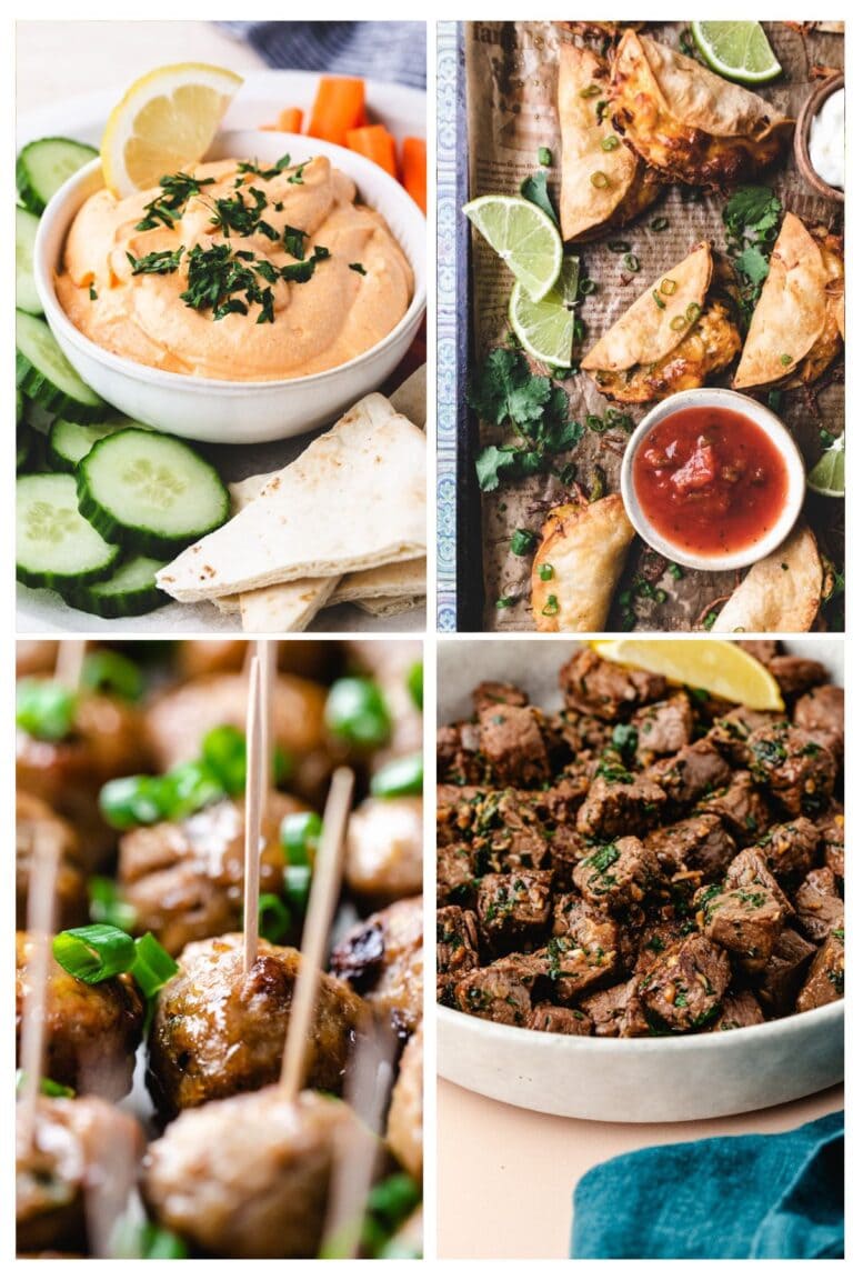 A collage of four healthy game day appetizers: a bowl of dip with pita, cucumber, and carrot slices; crispy samosas with salsa and lime; skewered meatballs; and seasoned steak bites garnished with herbs and lemon.